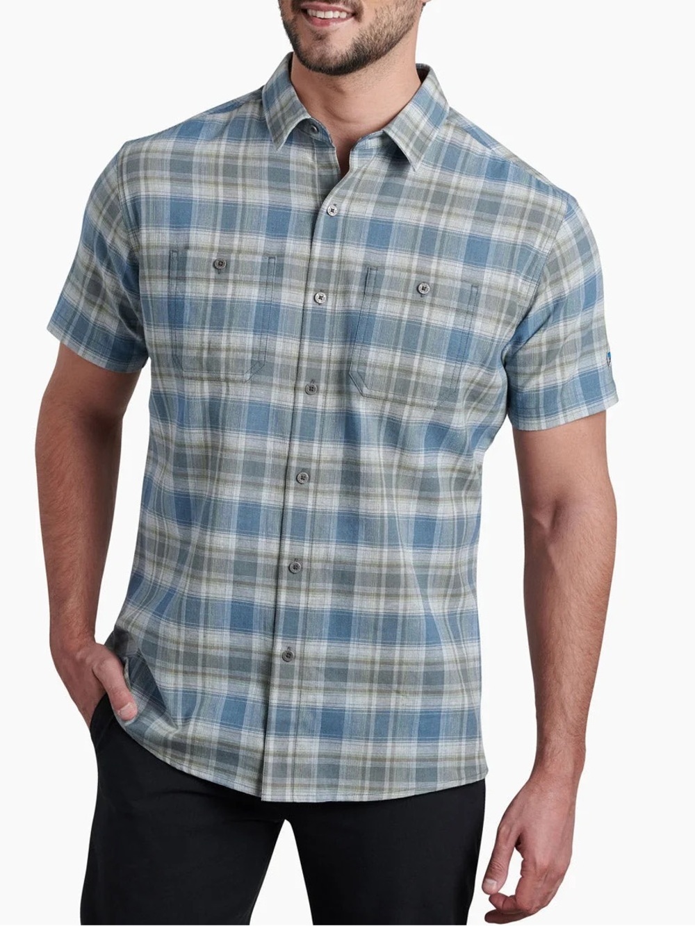 KÜHL Skorpio Short Sleeve Plaid Linen Cotton Shirt Blue Gray Men’s XXL